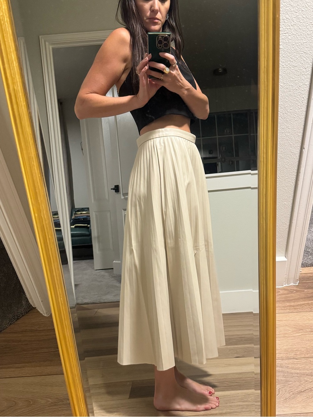 Women’s Cream Leather Pleated Midi Skirt